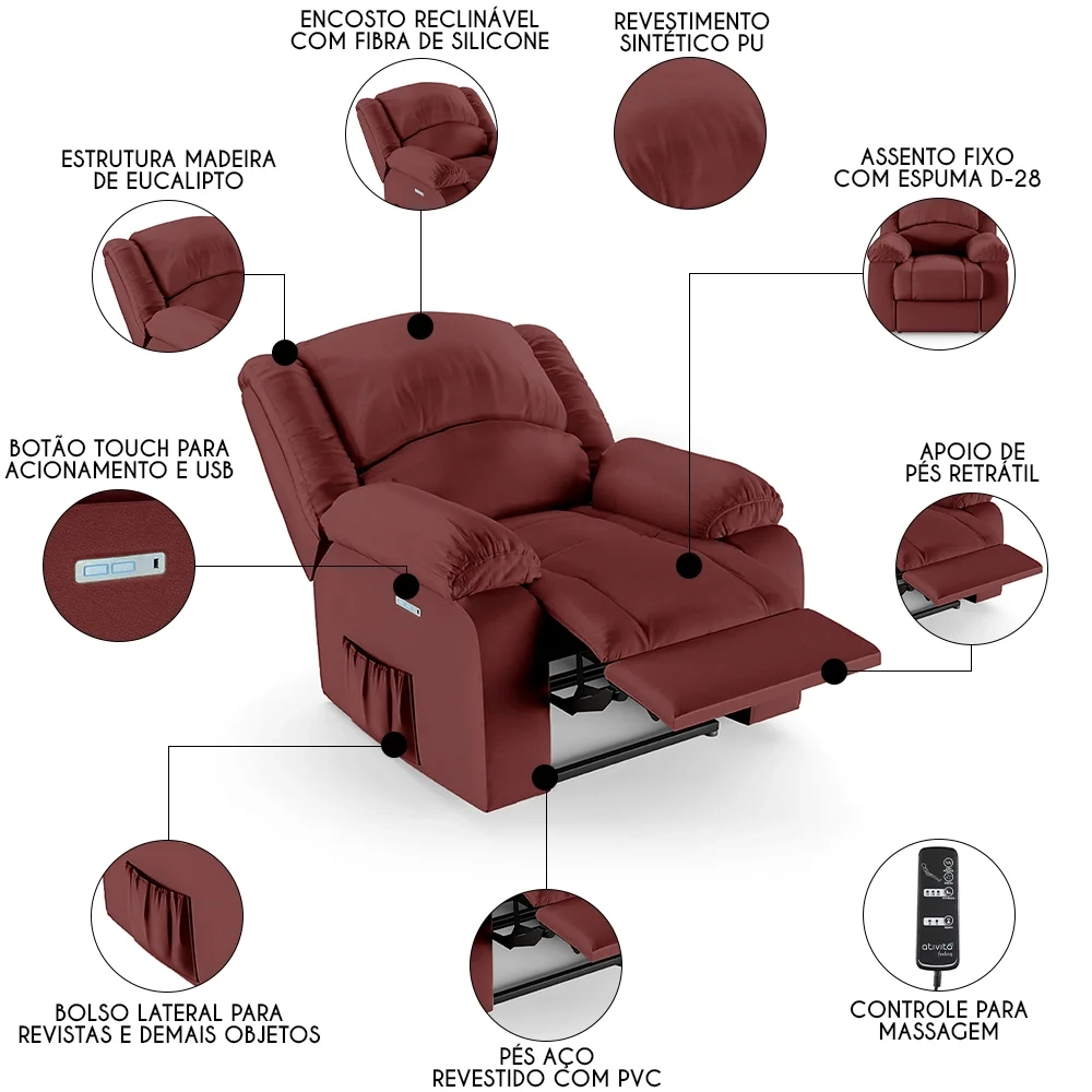 Poltrona do Papai Reclinável Pietra Elétrica LED Massagem FH9 PU Vermelho - Mpozenato