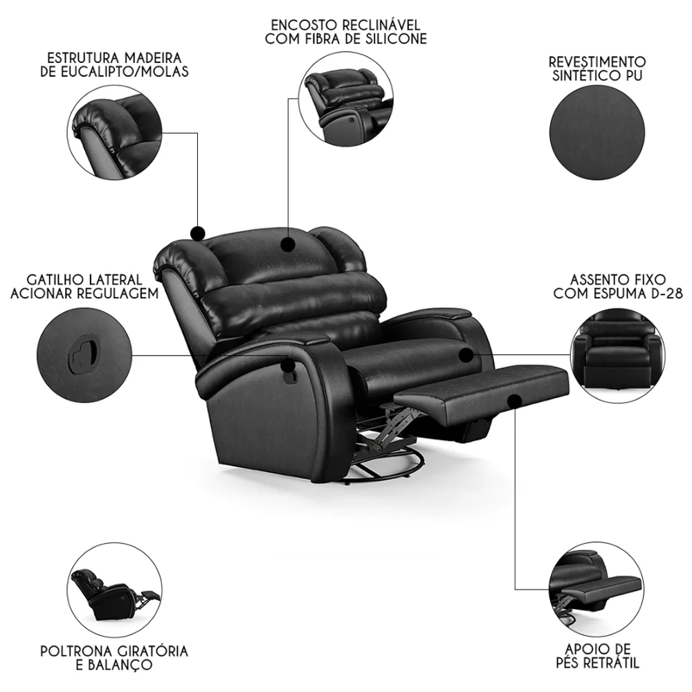 Poltrona do Papai Reclinável Kalie Glider Giratória FH9 PU Preto Brilho - Mpozenato