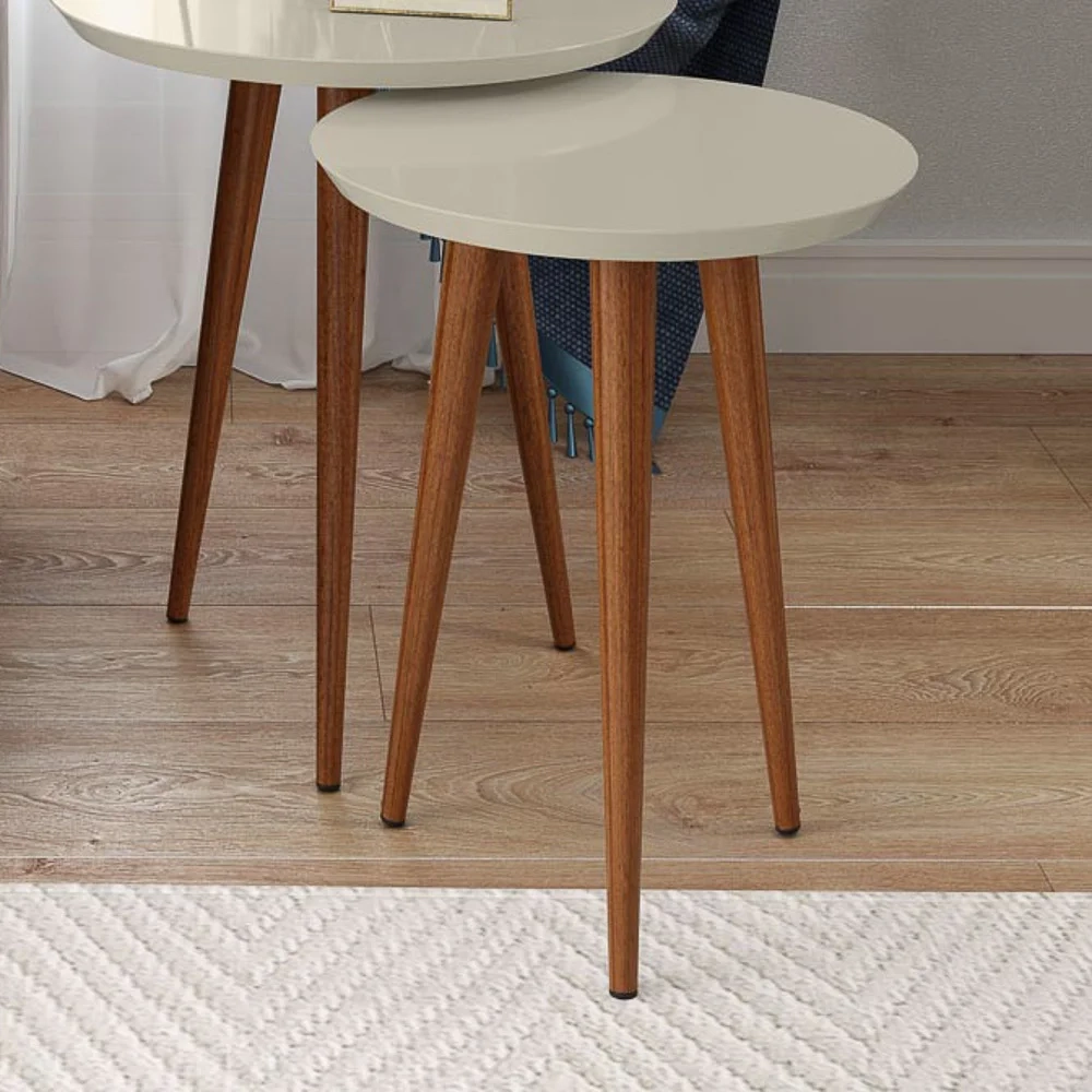 Mesa Lateral Redonda Pés Madeira Luna 440 Off White - Patrimar