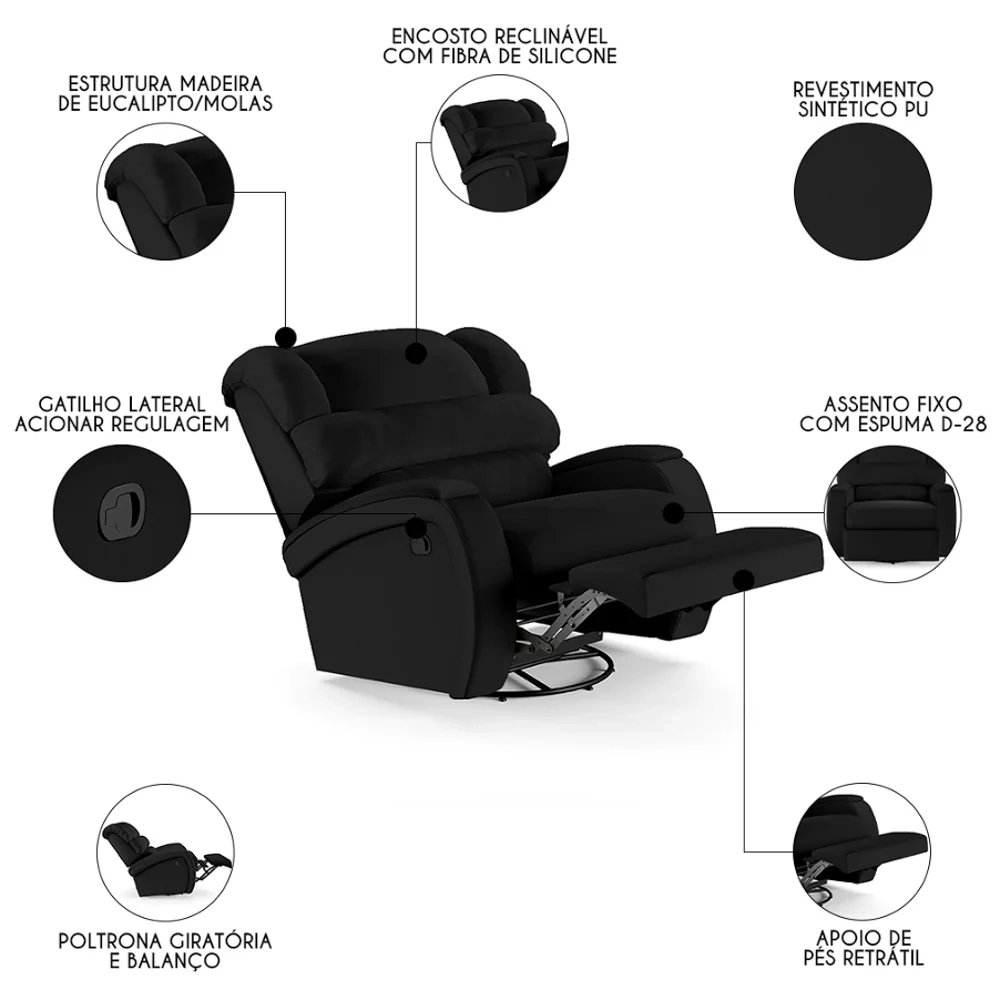 Poltrona do Papai Reclinável Kalie Glider Giratória FH9 PU Preto - Mpozenato
