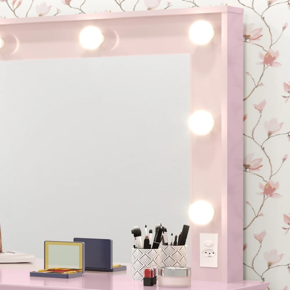 Penteadeira Com Espelho 5 Gavetas Pés Palito Camarim Strass Rosa - Patrimar