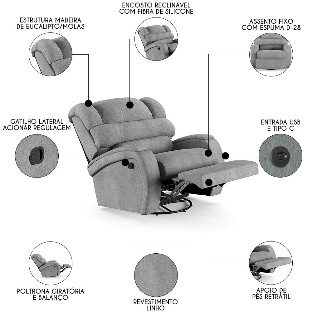 Poltrona do Papai Reclinável Kalie Glider Giratória USB FH9 Linho Cinza - Mpozenato