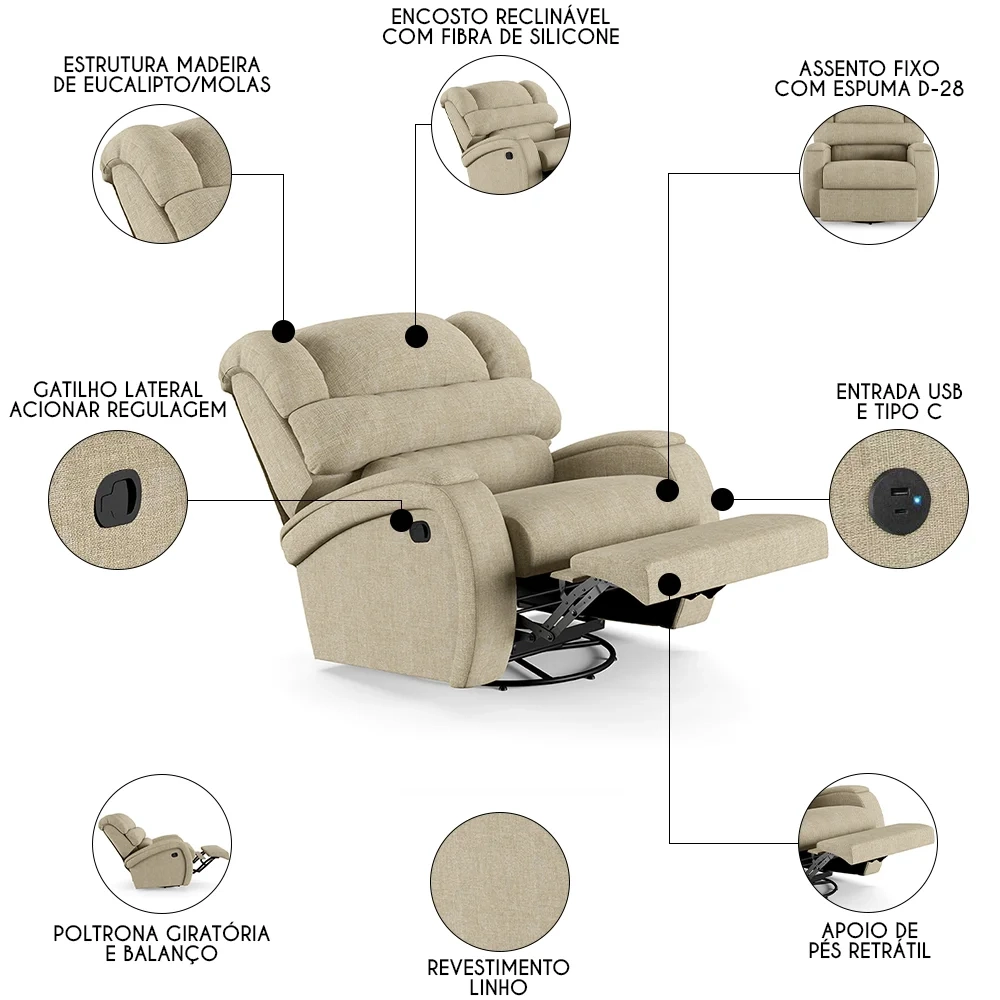 Poltrona do Papai Reclinável Kalie Glider Giratória USB FH9 Linho Bege - Mpozenato