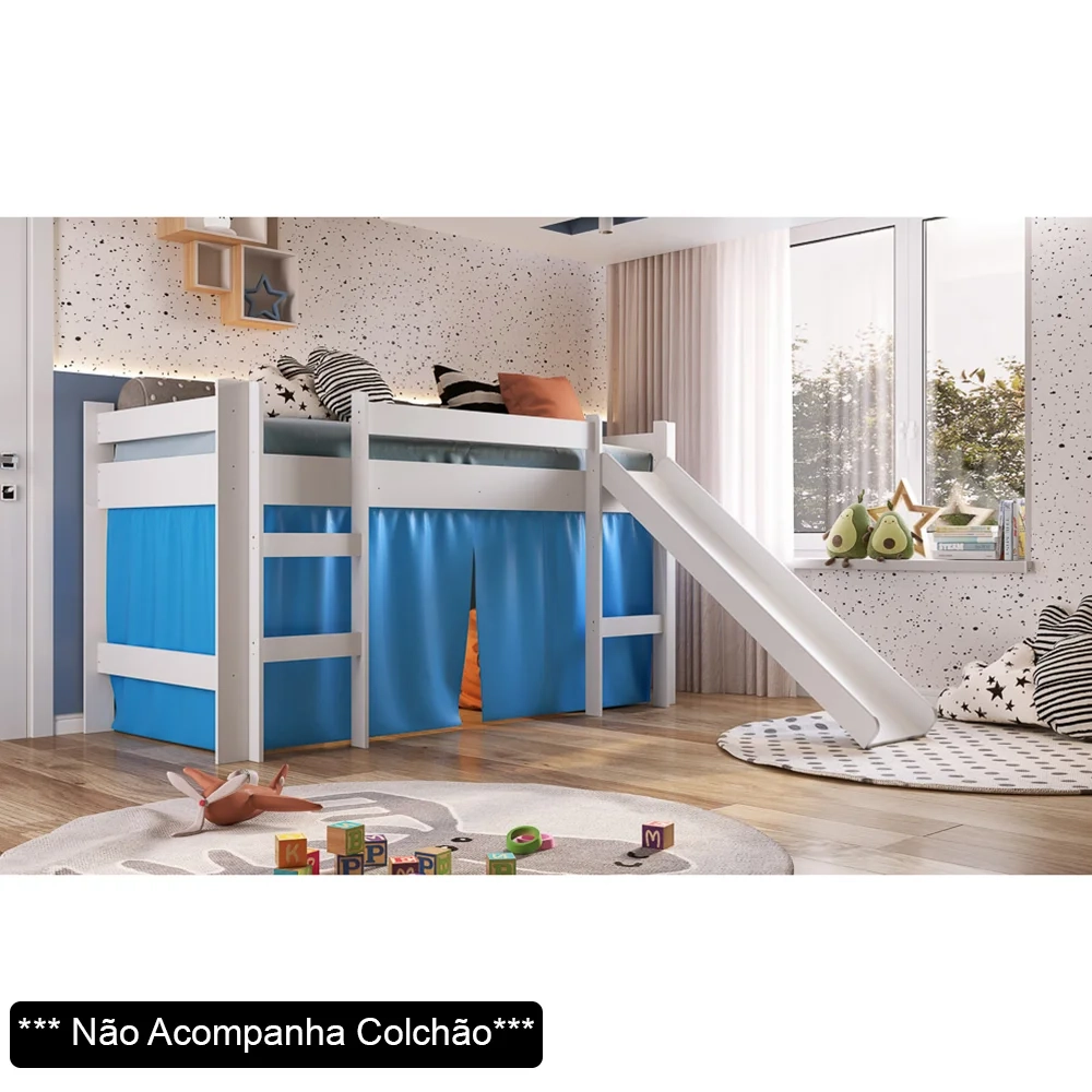 Cama Elevada Com Escorregador E Cortina BB1000 Branco/Azul - Completa Móveis