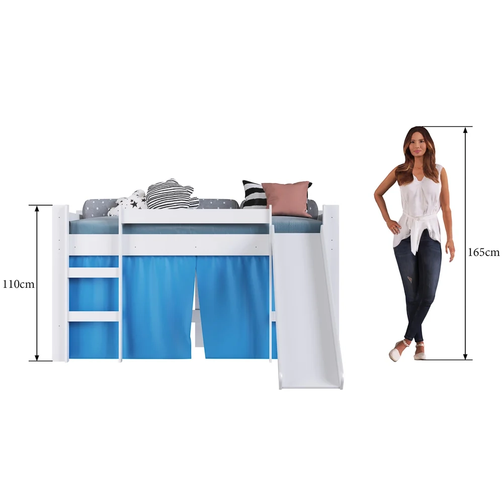 Cama Elevada Com Escorregador E Cortina BB1000 Branco/Azul - Completa Móveis