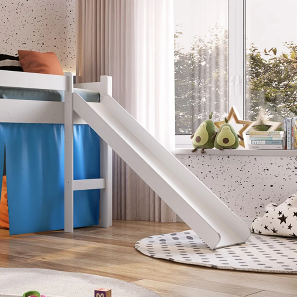 Cama Elevada Com Escorregador E Cortina BB1000 Branco/Azul - Completa Móveis