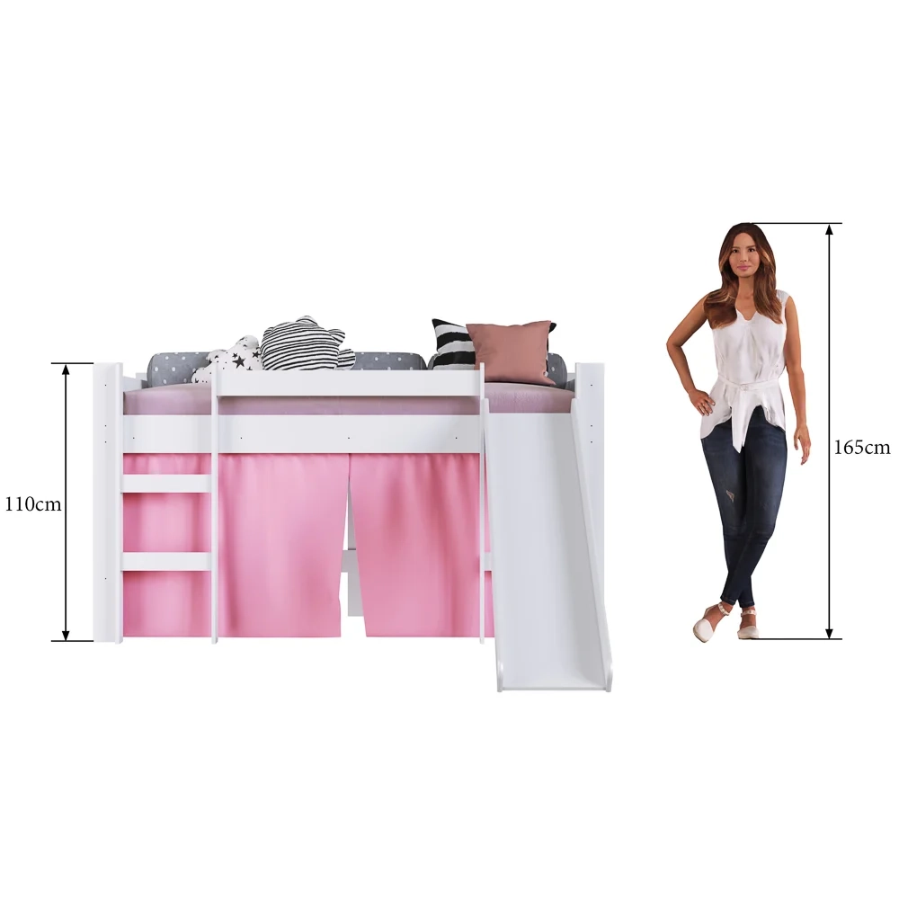 Cama Elevada Com Escorregador E Cortina BB1000 Branco/Rosa - Completa Móveis