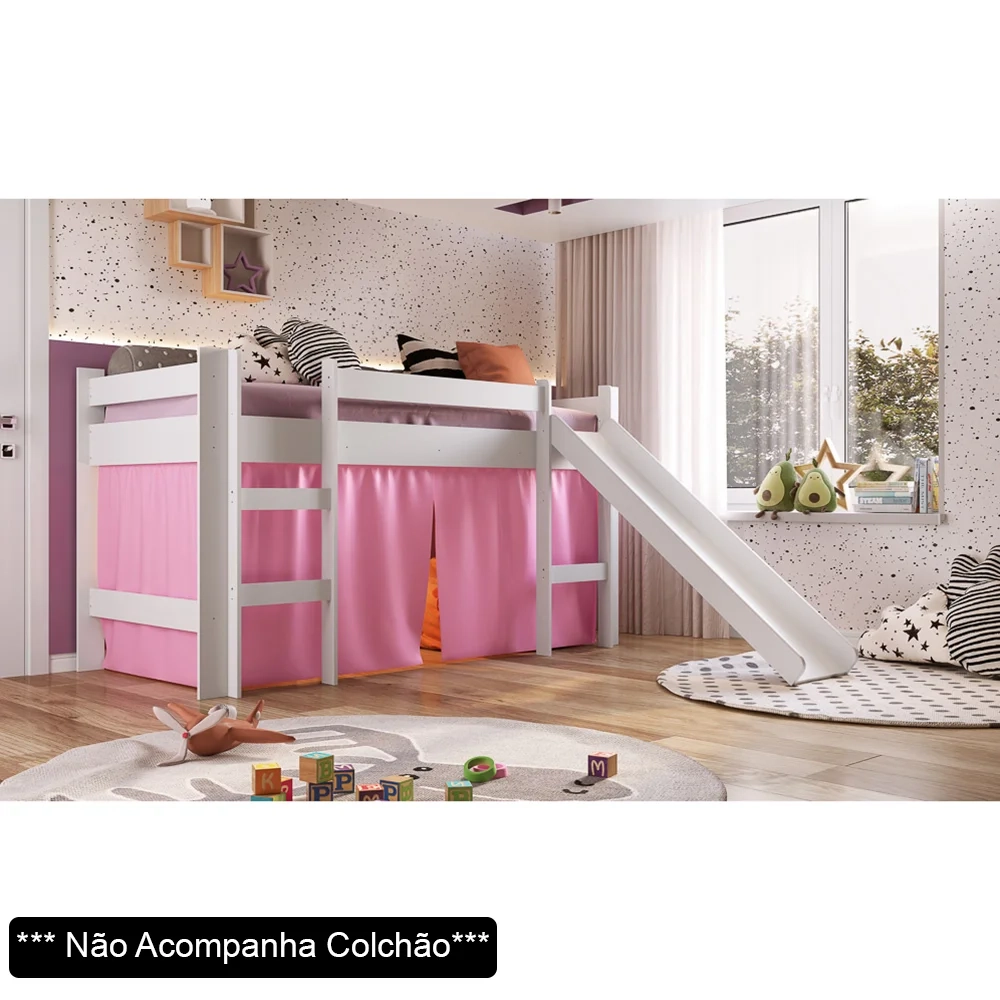 Cama Elevada Com Escorregador E Cortina BB1000 Branco/Rosa - Completa Móveis