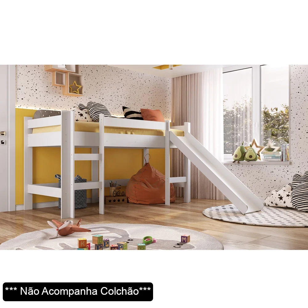 Cama Elevada Com Escorregador BB1001 Branco - Completa Móveis