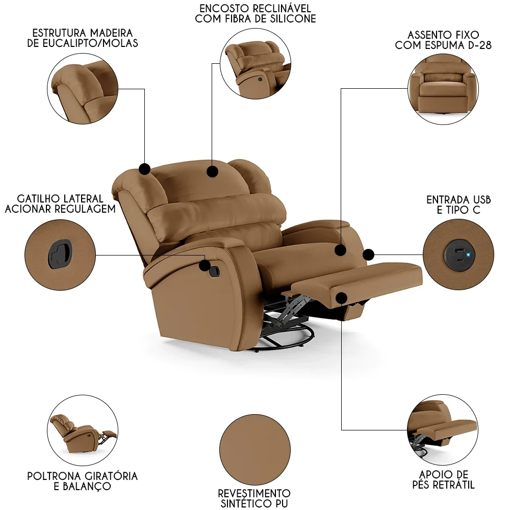 Poltrona do Papai Reclinável Kalie Glider Giratória USB FH9 PU Caramelo - Mpozenato