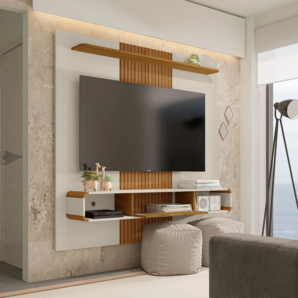 Painel Bancada Suspensa Para TV Até 65 Polegadas Lisboa Off White/Cinamomo/Ripado - Bechara