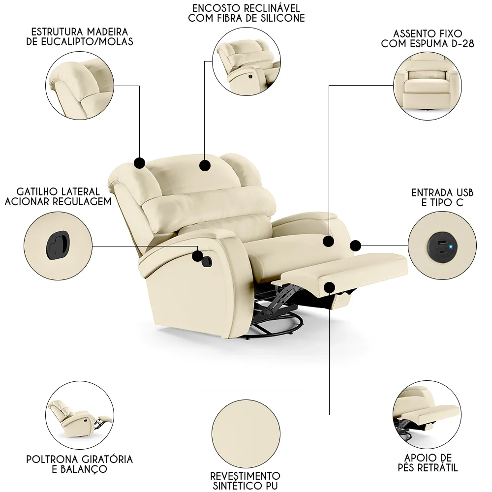 Poltrona do Papai Reclinável Kalie Glider Giratória USB FH9 PU Bege - Mpozenato