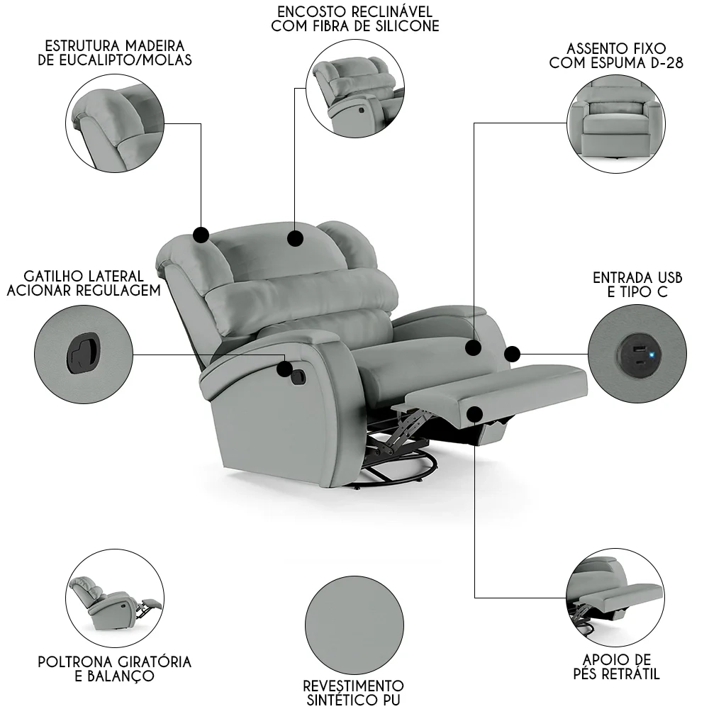 Poltrona do Papai Reclinável Kalie Glider Giratória USB FH9 PU Cinza - Mpozenato