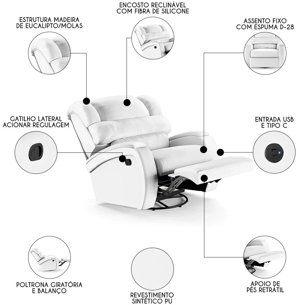 Poltrona do Papai Reclinável Kalie Glider Giratória USB FH9 PU Branco - Mpozenato
