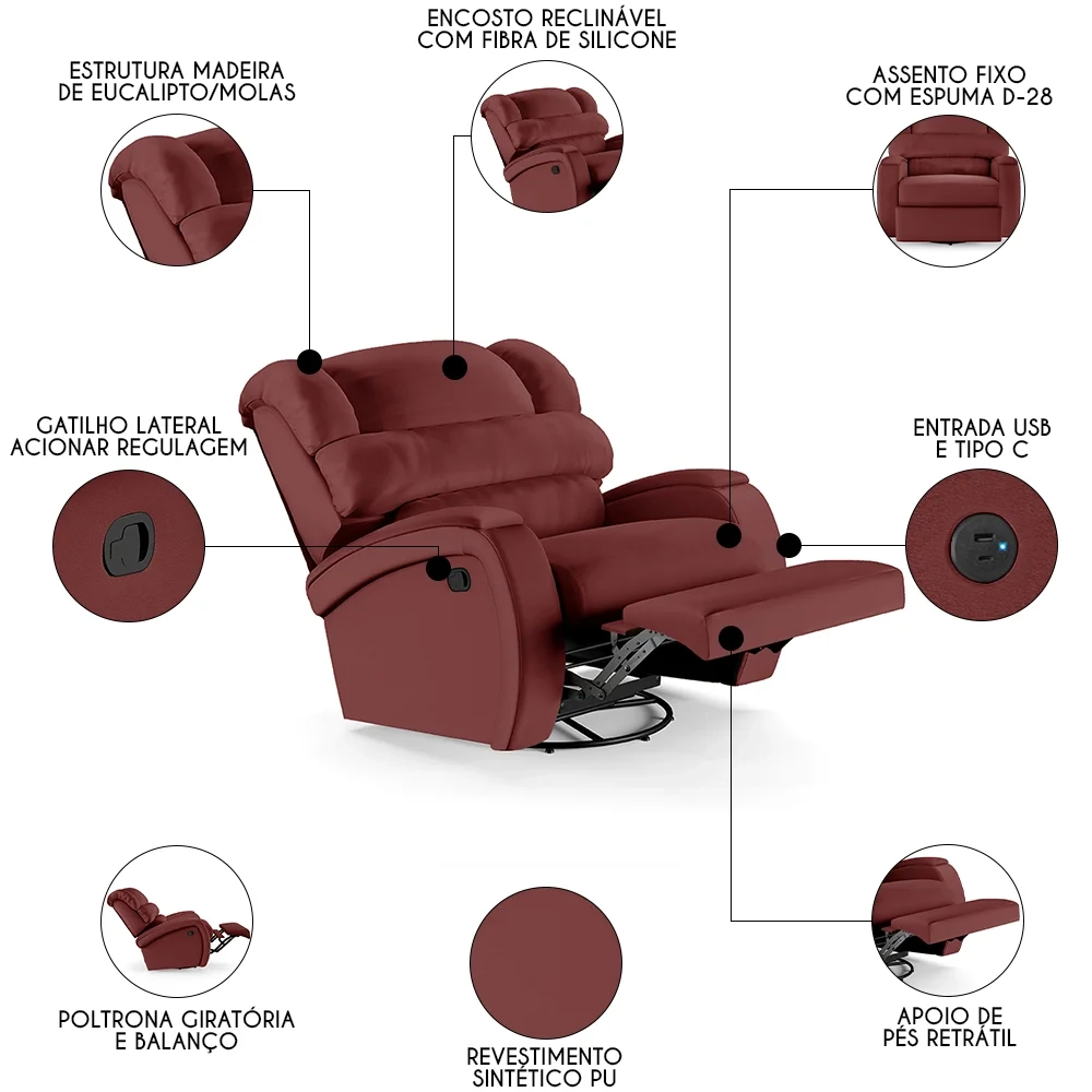 Poltrona do Papai Reclinável Kalie Glider Giratória USB FH9 PU Vermelho - Mpozenato