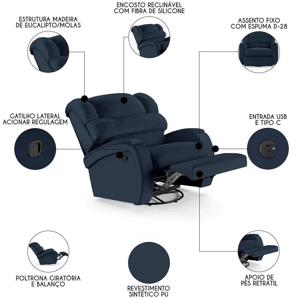 Poltrona do Papai Reclinável Kalie Glider Giratória USB FH9 PU Azul - Mpozenato