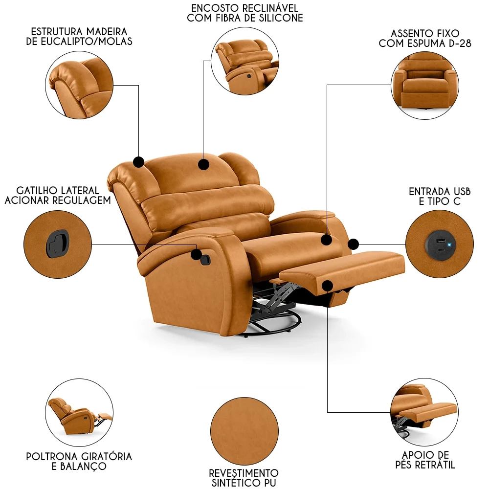 Poltrona do Papai Reclinável Kalie Glider Giratória USB FH9 PU Whisky - Mpozenato