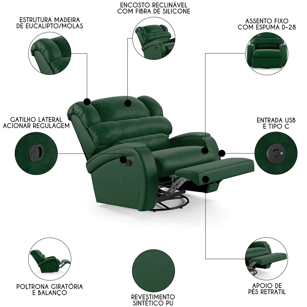 Poltrona do Papai Reclinável Kalie Glider Giratória USB FH9 PU Verde Musgo - Mpozenato