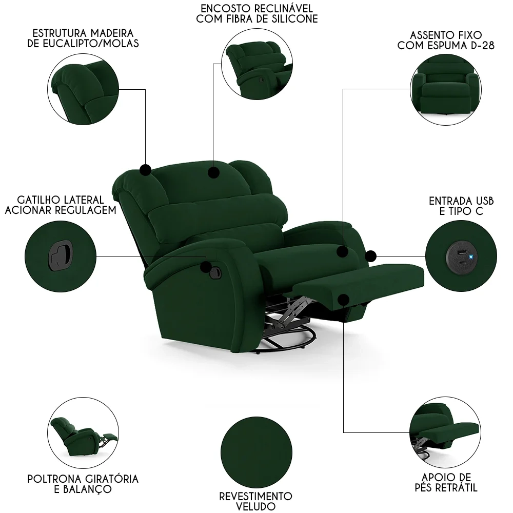 Poltrona do Papai Reclinável Kalie Glider Giratória USB FH9 Veludo Verde - Mpozenato