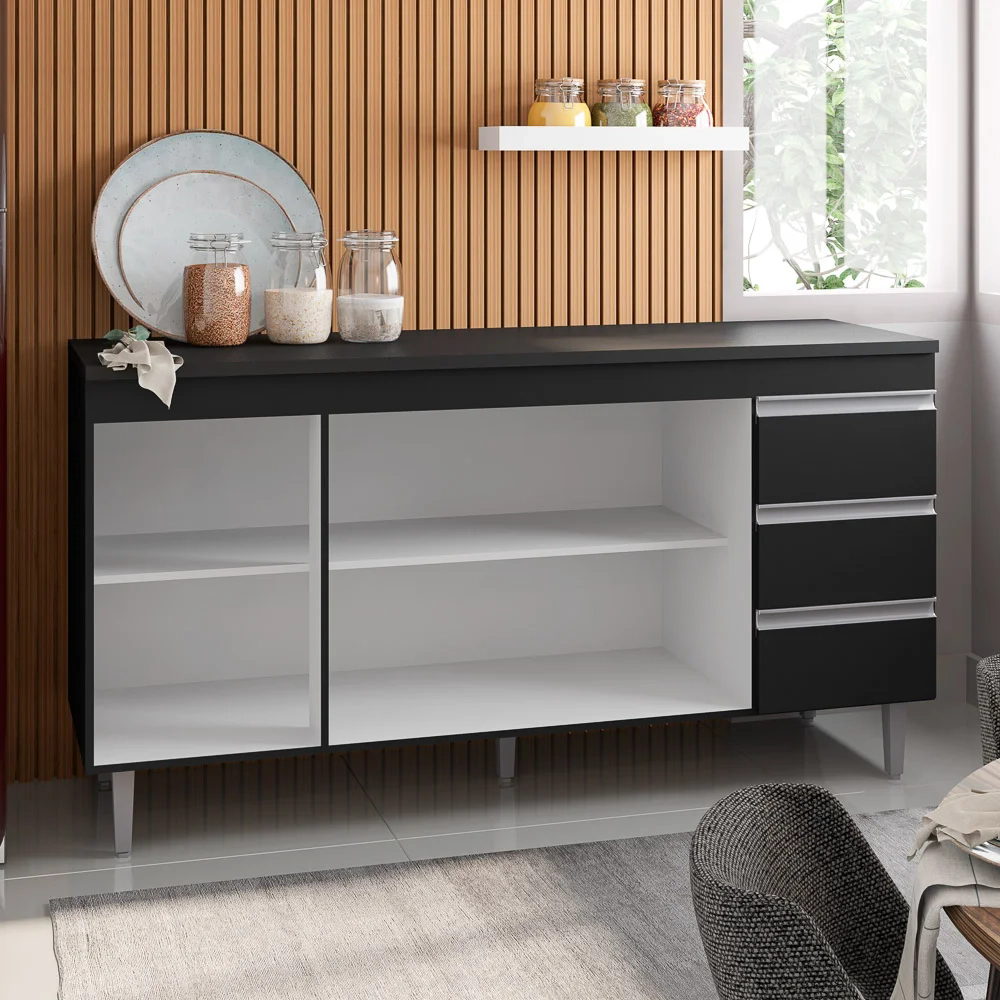 Balcão Gabinete Para Pia 160cm sem Tampo 3 Portas 3 Gavetas Andréia Preto - AJL Móveis