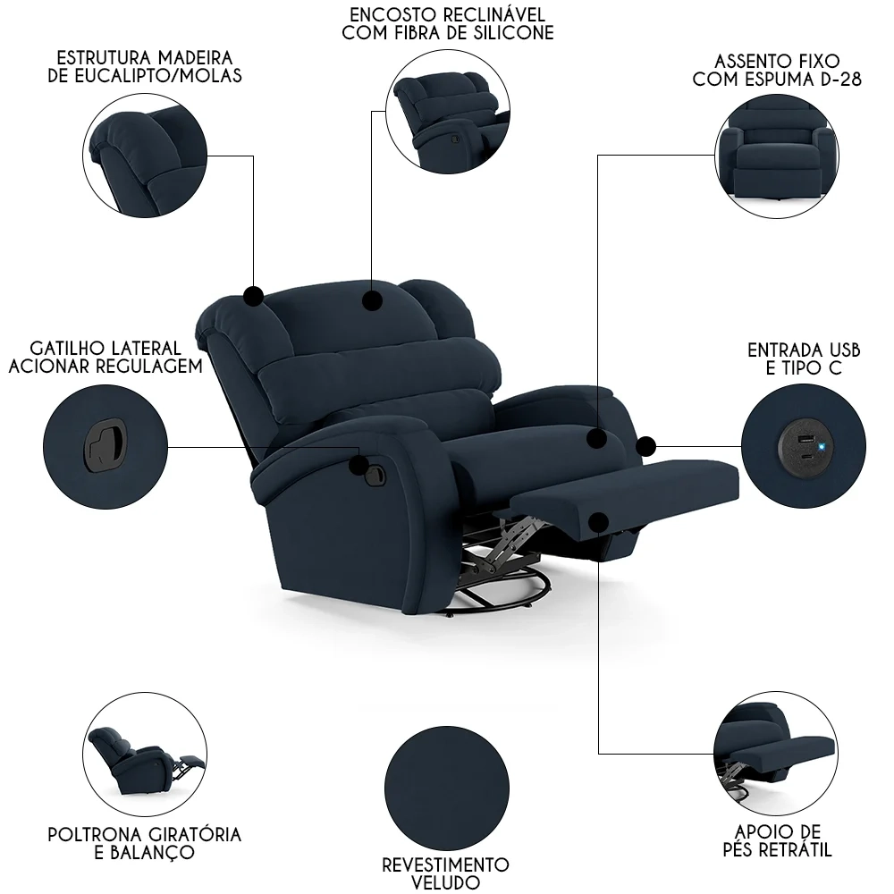 Poltrona do Papai Reclinável Kalie Glider Giratória USB FH9 Veludo Azul - Mpozenato