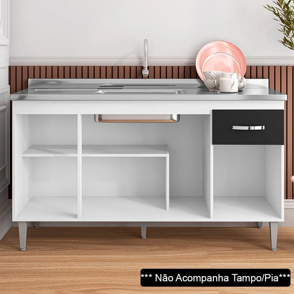 Balcão Gabinete Para Pia 150cm 4 Portas 1 Gaveta Gabriela Branco/Preto Flex - AJL Móveis