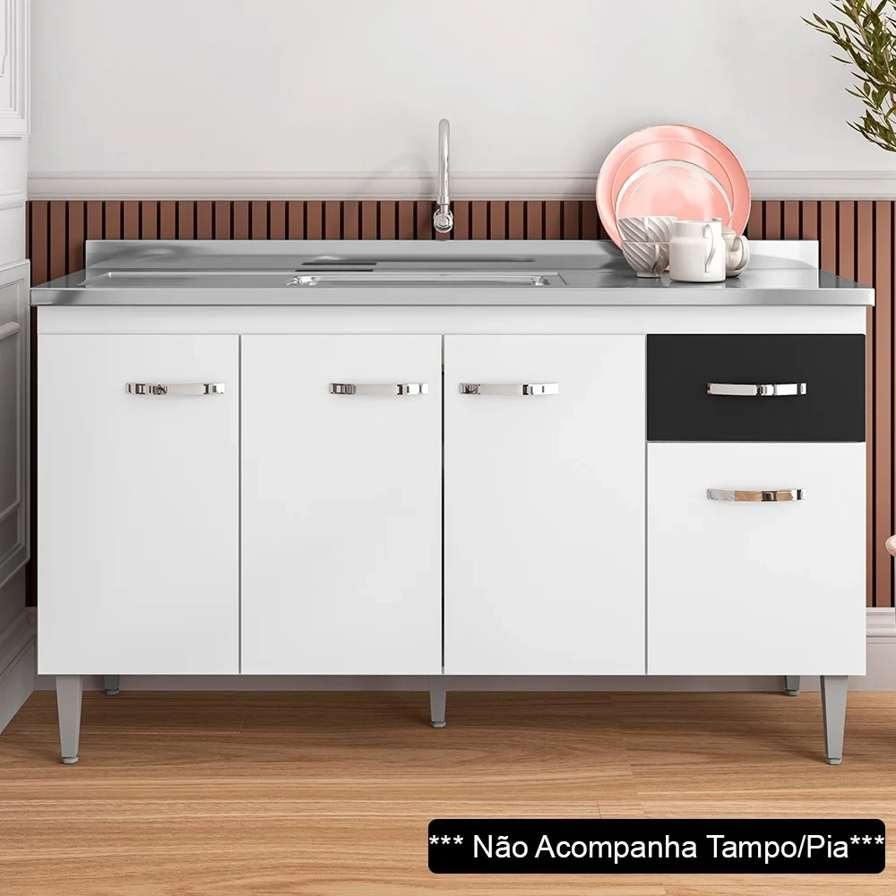 Balcão Gabinete Para Pia 150cm 4 Portas 1 Gaveta Gabriela Branco/Preto Flex - AJL Móveis