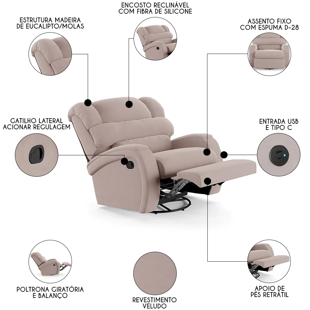 Poltrona do Papai Reclinável Kalie Glider Giratória USB FH9 Veludo Rosê - Mpozenato