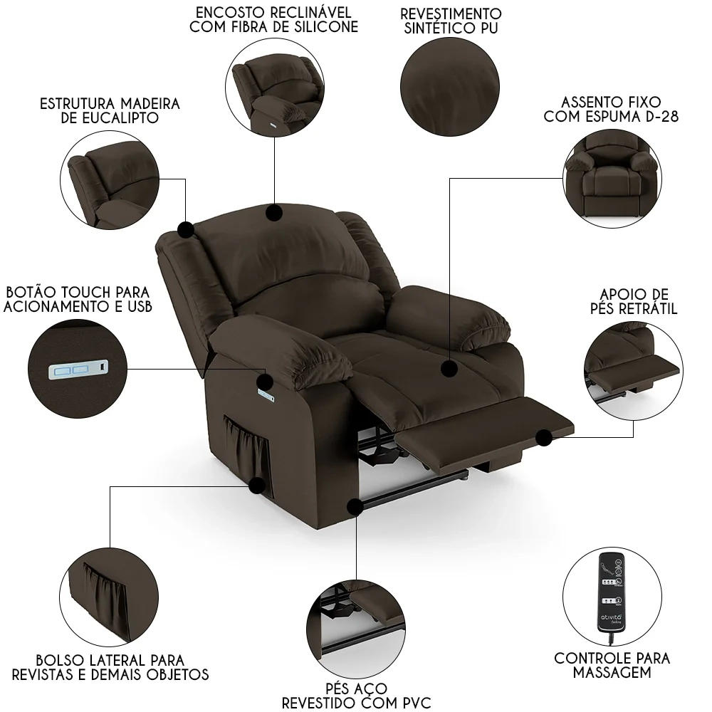 Poltrona do Papai Reclinável Pietra Elétrica LED Massagem FH9 PU Marrom - Mpozenato