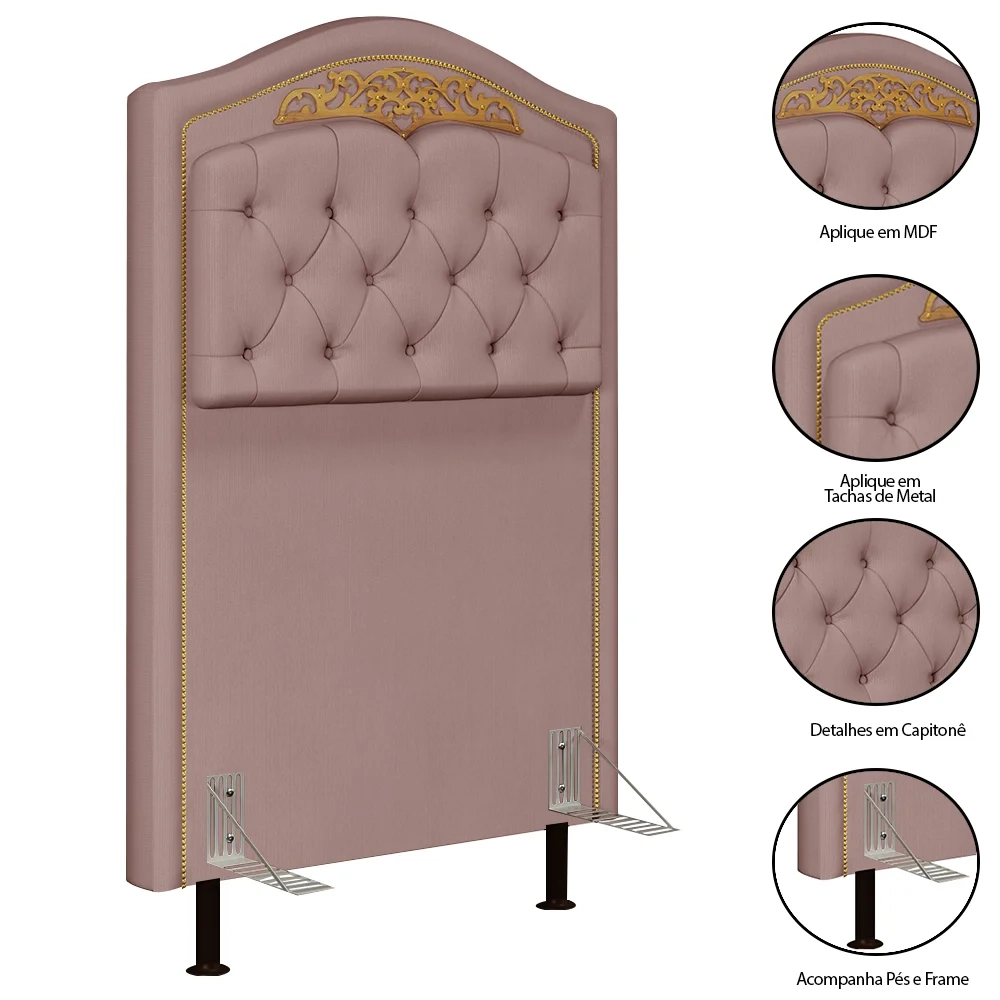 Cabeceira Cama Box Solteiro 90cm com Tachas Imperial Veludo J02 Rosê - Mpozenato