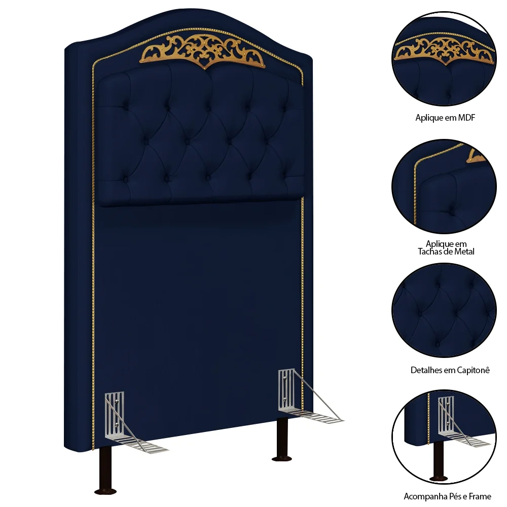 Cabeceira Cama Box Solteiro 90cm com Tachas Imperial Veludo J02 Azul - Mpozenato