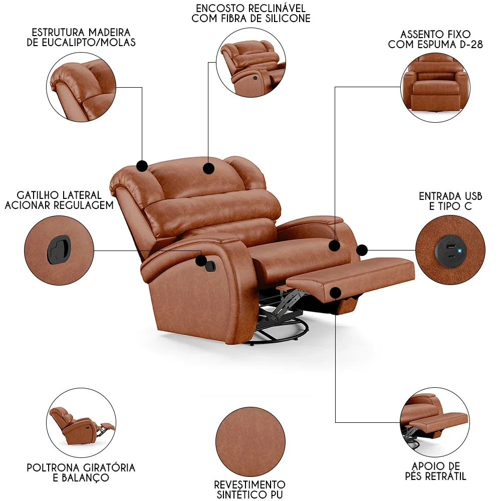 Poltrona do Papai Reclinável Kalie Glider Giratória USB FH9 PU Caramelo Brilho - Mpozenato