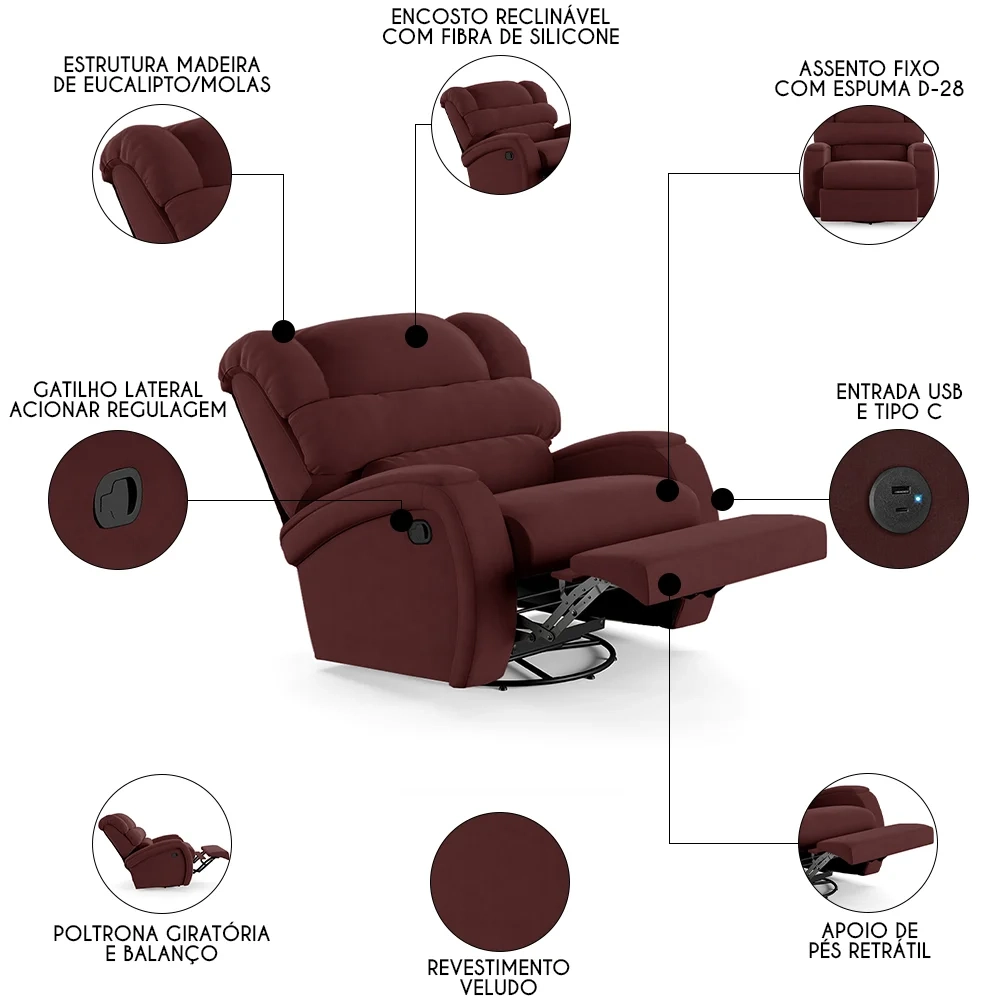 Poltrona do Papai Reclinável Kalie Glider Giratória USB FH9 Veludo Vinho - Mpozenato