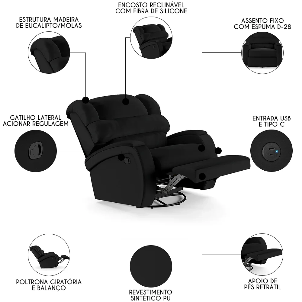 Poltrona do Papai Reclinável Kalie Glider Giratória USB FH9 PU Preto - Mpozenato