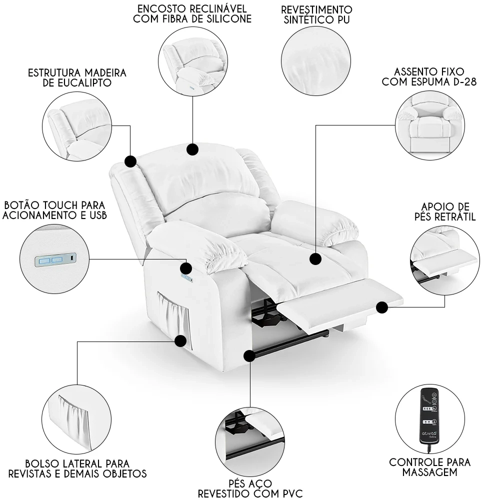 Poltrona do Papai Reclinável Pietra Elétrica LED Massagem FH9 PU Branco - Mpozenato