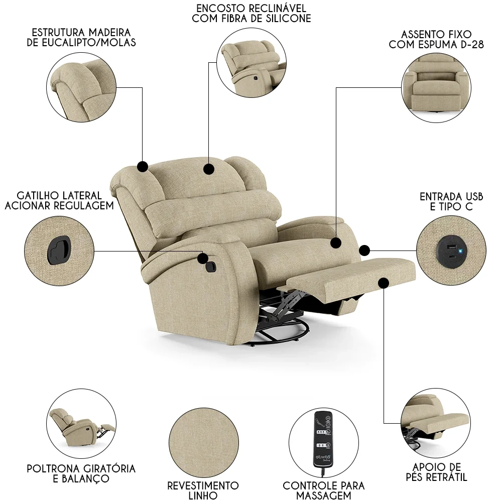 Poltrona do Papai Reclinável Kalie Glider Giratória Massagem FH9 Linho Bege - Mpozenato