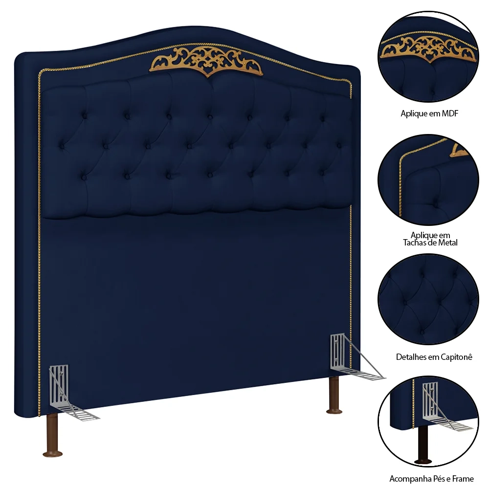 Cabeceira Cama Box Casal Queen 160cm com Tachas Imperial Veludo J02 Azul - Mpozenato