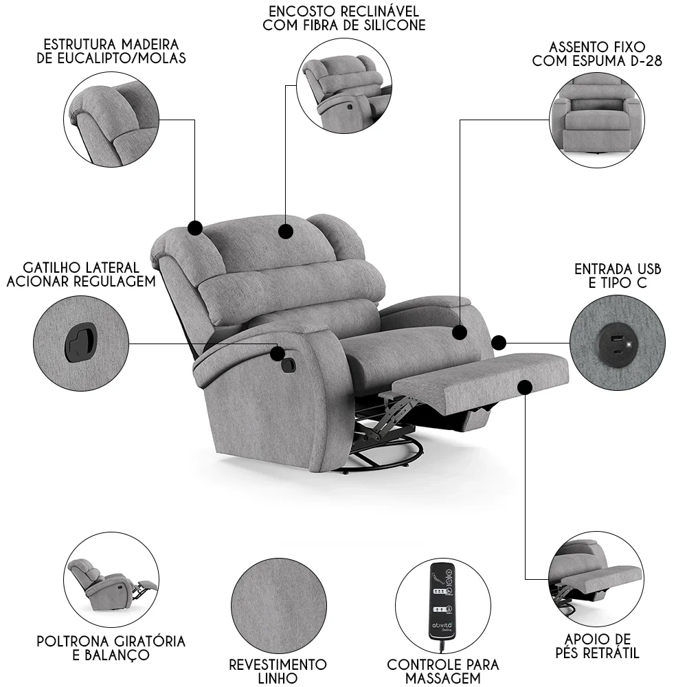 Poltrona do Papai Reclinável Kalie Glider Giratória Massagem FH9 Linho Cinza - Mpozenato