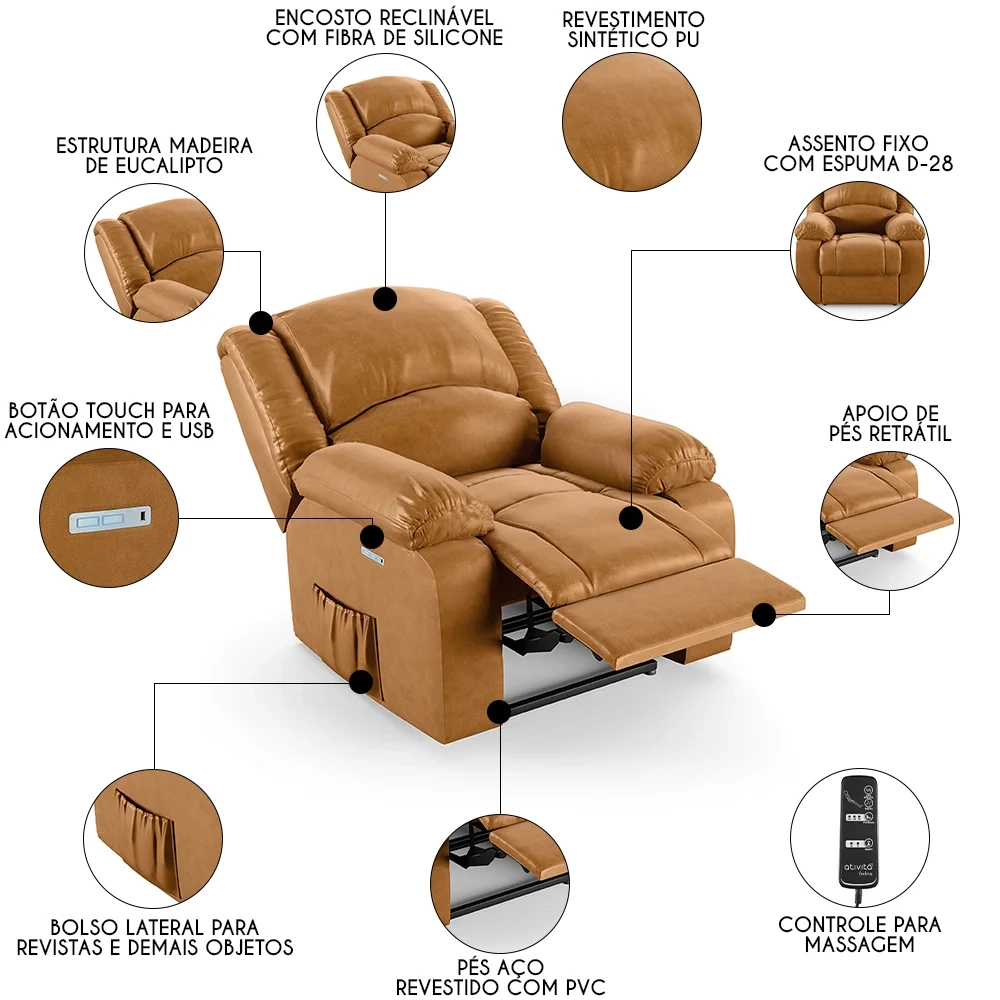 Poltrona do Papai Reclinável Pietra Elétrica LED Massagem FH9 PU Whisky - Mpozenato