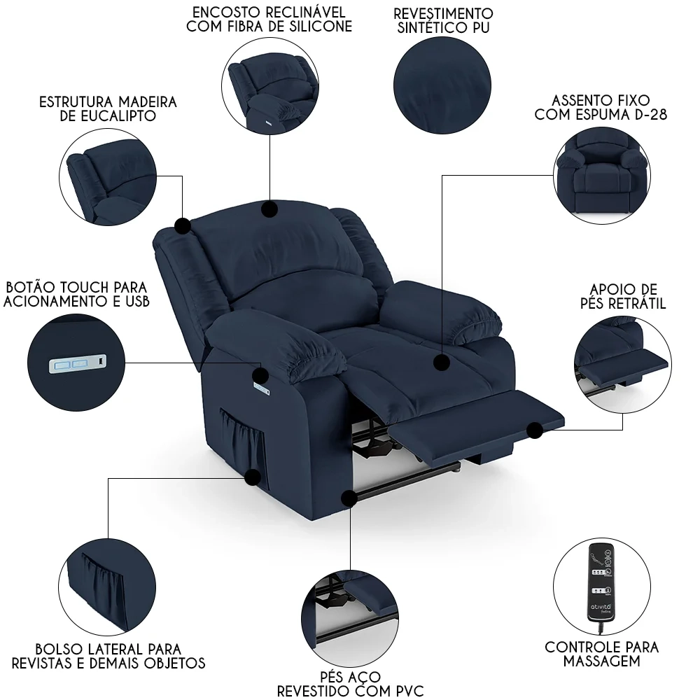 Poltrona do Papai Reclinável Pietra Elétrica LED Massagem FH9 PU Azul - Mpozenato