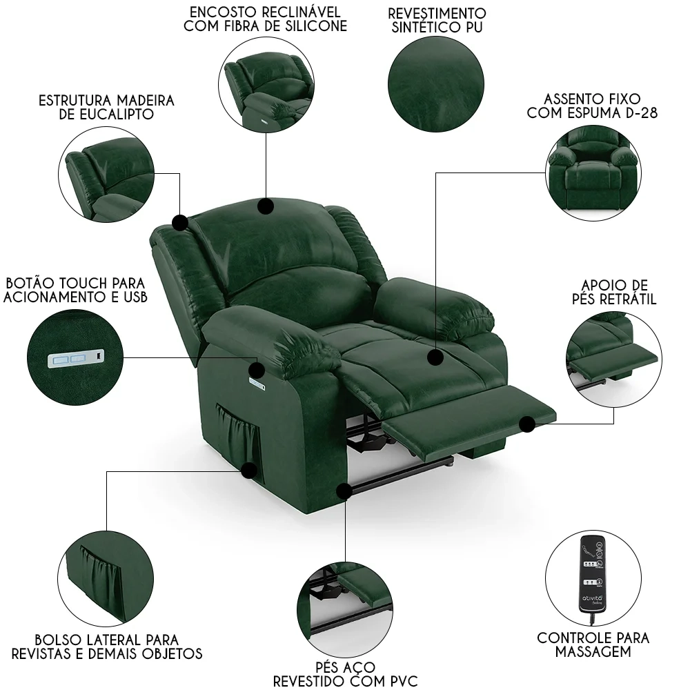 Poltrona do Papai Reclinável Pietra Elétrica LED Massagem FH9 PU Verde Musgo - Mpozenato