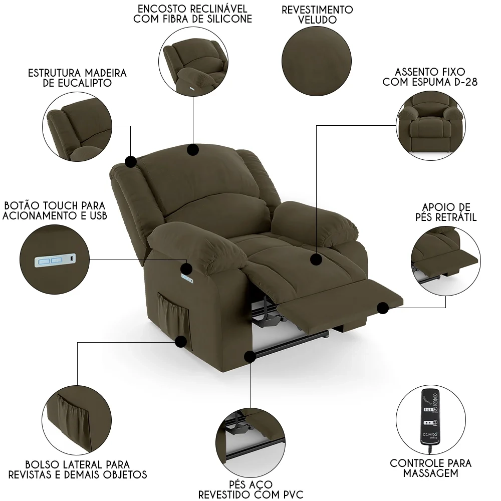 Poltrona do Papai Reclinável Pietra Elétrica LED Massagem FH9 Veludo Capuccino - Mpozenato