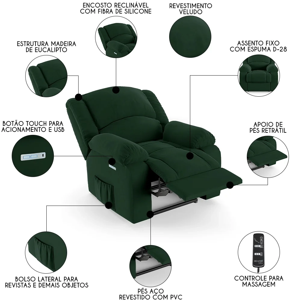 Poltrona do Papai Reclinável Pietra Elétrica LED Massagem FH9 Veludo Verde - Mpozenato
