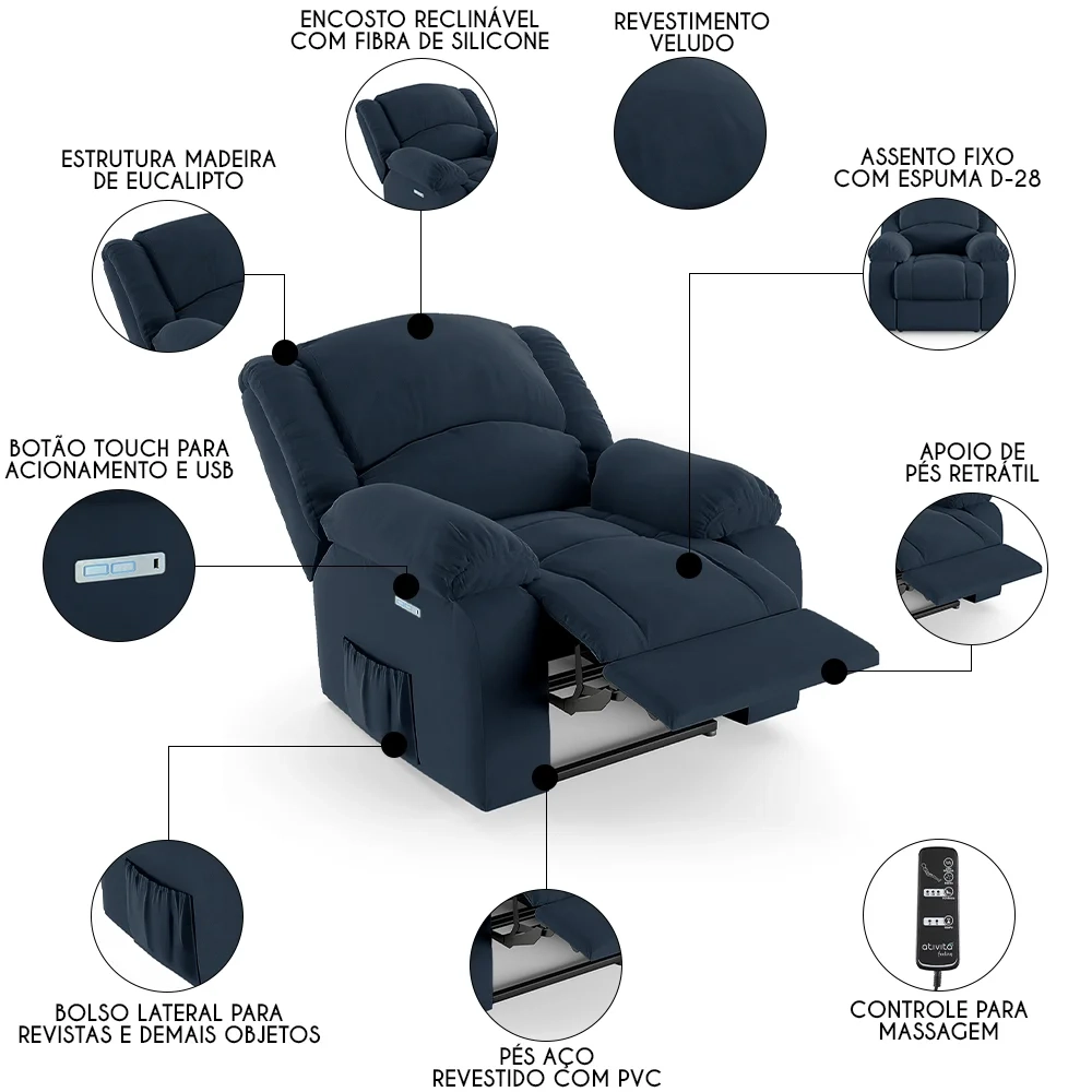 Poltrona do Papai Reclinável Pietra Elétrica LED Massagem FH9 Veludo Azul - Mpozenato
