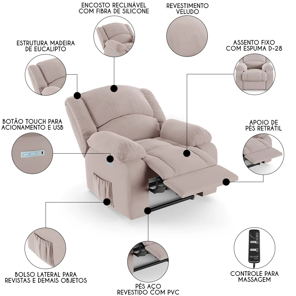 Poltrona do Papai Reclinável Pietra Elétrica LED Massagem FH9 Veludo Rosê - Mpozenato