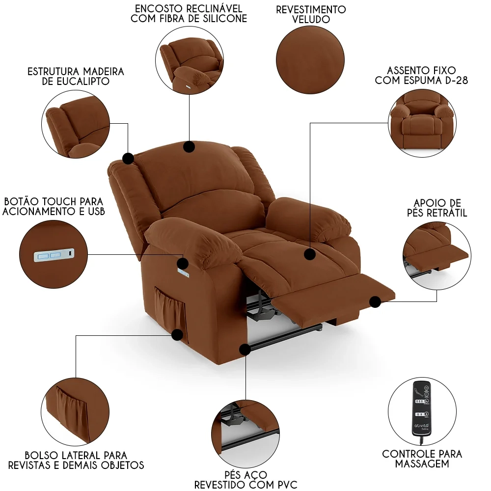 Poltrona do Papai Reclinável Pietra Elétrica LED Massagem FH9 Veludo Terracota - Mpozenato