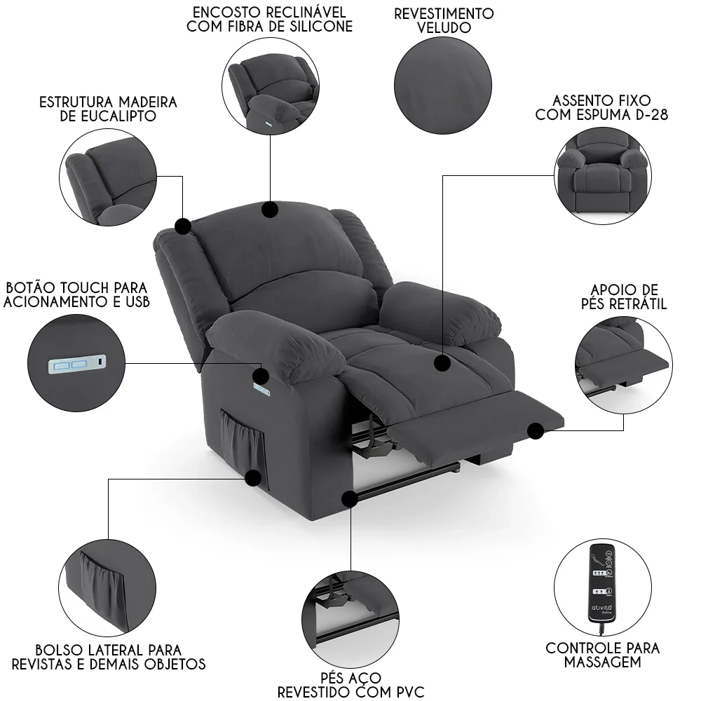 Poltrona do Papai Reclinável Pietra Elétrica LED Massagem FH9 Veludo Cinza - Mpozenato