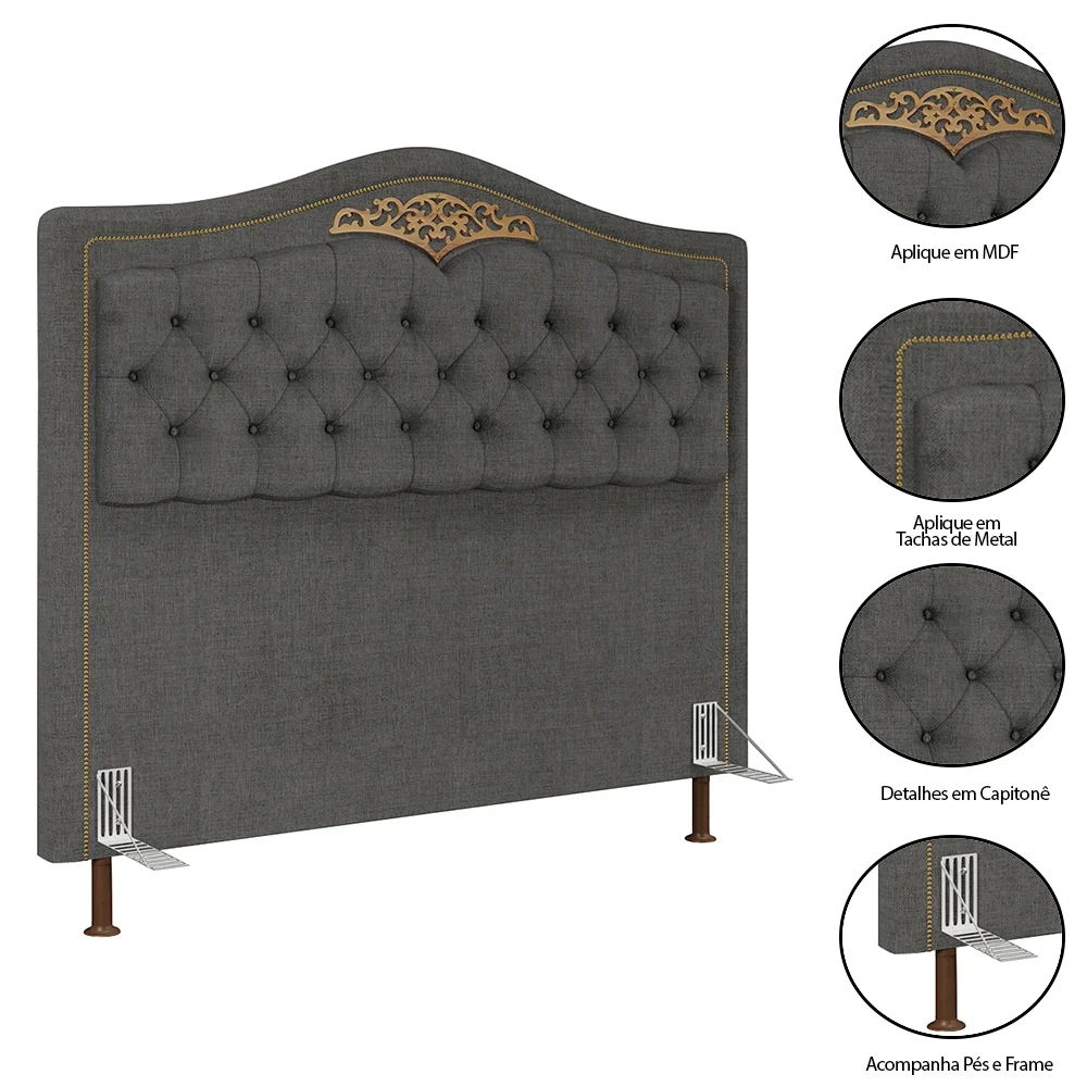Cabeceira Cama Box Casal Queen 160cm com Tachas Imperial J02 Linho Grafite - Mpozenato