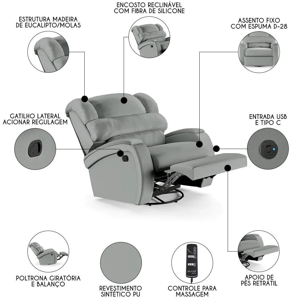 Poltrona do Papai Reclinável Kalie Glider Giratória Massagem FH9 PU Cinza - Mpozenato
