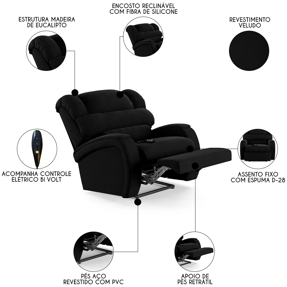 Poltrona do Papai Reclinável Kalie Controle Power Elétrico FH9 Veludo Preto - Mpozenato